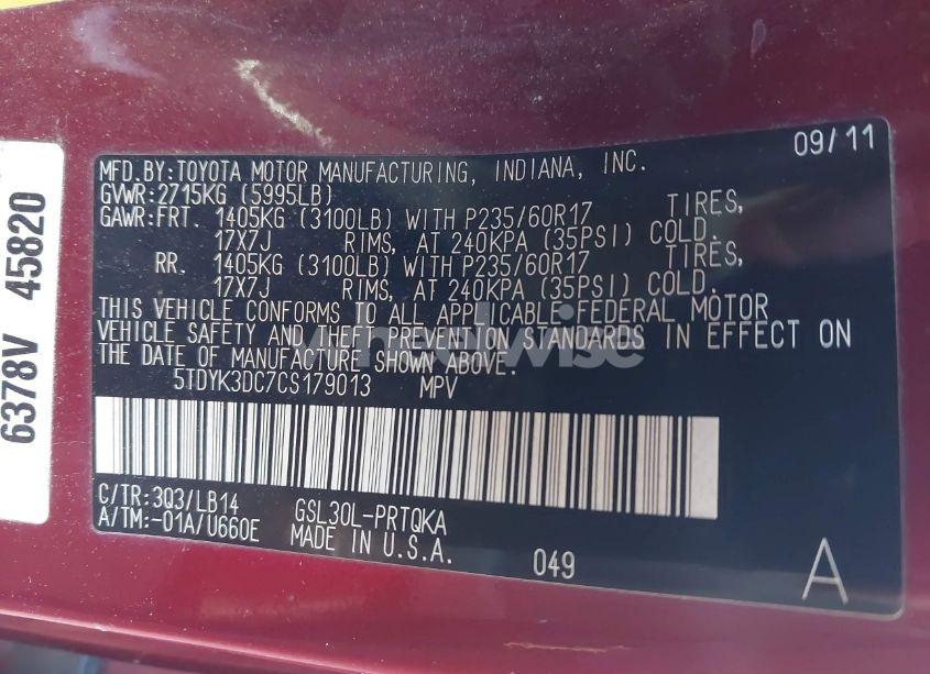 Photo 9 of 2012 Toyota Sienna XLE V6 8 PASSENGER (VIN 5TDYK3DC7CS179013)