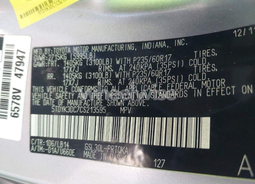 Photo 9 of 2012 Toyota Sienna XLE V6 8 PASSENGER (VIN 5TDYK3DC7CS213595)