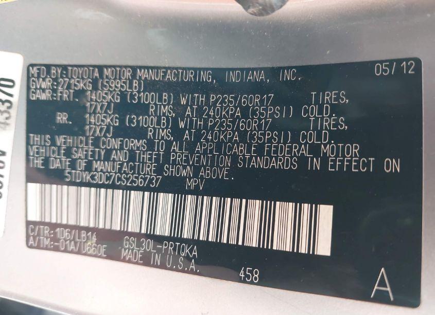 Photo 9 of 2012 Toyota Sienna XLE V6 8 PASSENGER (VIN 5TDYK3DC7CS256737)