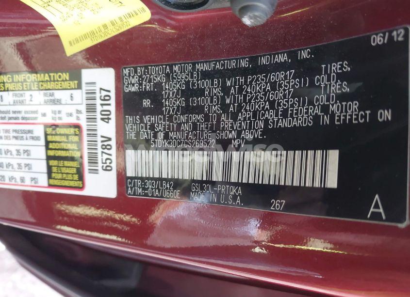 Photo 9 of 2012 Toyota Sienna XLE V6 8 PASSENGER (VIN 5TDYK3DC7CS269522)