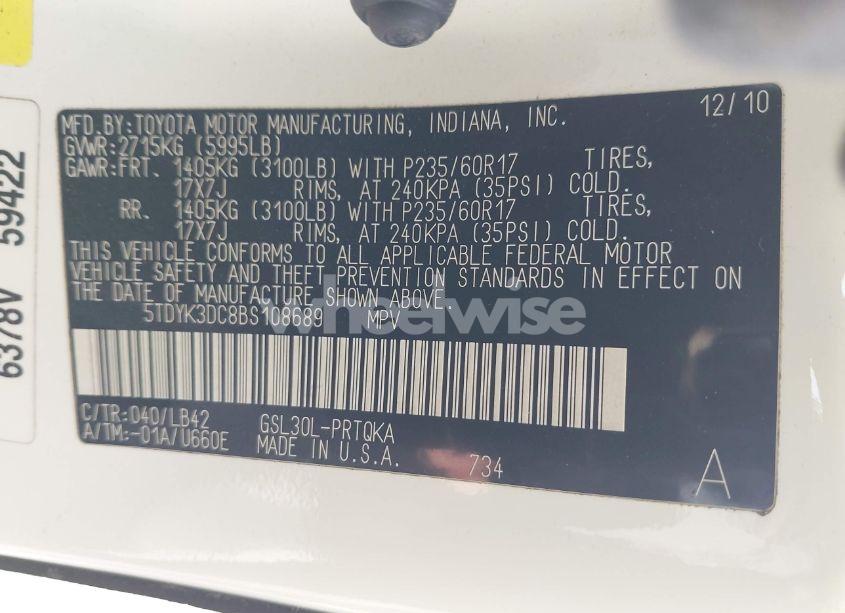 Photo 9 of 2011 Toyota Sienna LIMITED V6/XLE V6/XLE V6 AUTO ACCESS SEAT (VIN 5TDYK3DC8BS108689)