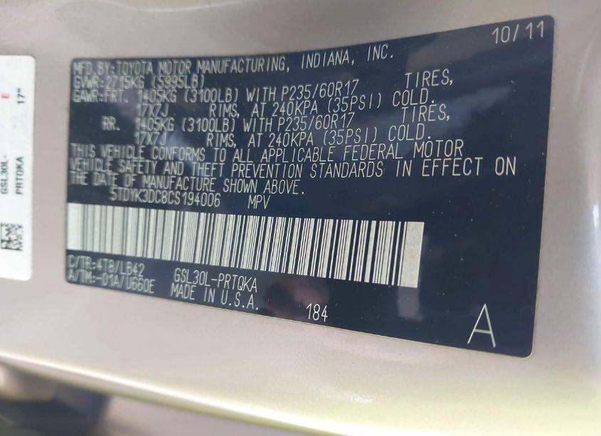 Photo 9 of 2012 Toyota Sienna XLE V6 8 PASSENGER (VIN 5TDYK3DC8CS194006)