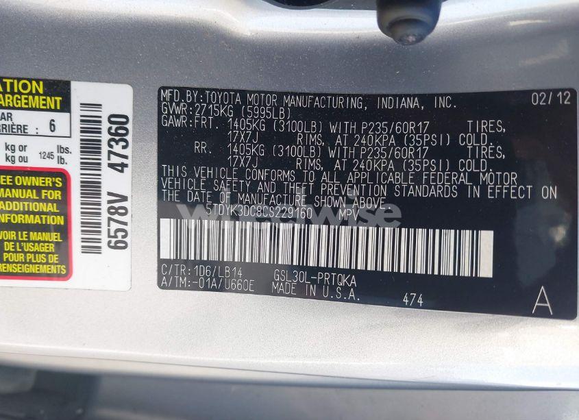 Photo 9 of 2012 Toyota Sienna XLE V6 8 PASSENGER (VIN 5TDYK3DC8CS229160)