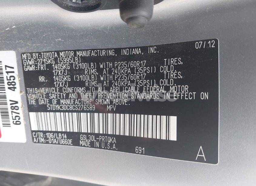 Photo 9 of 2012 Toyota Sienna XLE V6 8 PASSENGER (VIN 5TDYK3DC8CS276589)