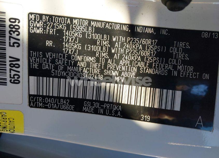 Photo 9 of 2013 Toyota Sienna XLE V6 8 PASSENGER (VIN 5TDYK3DC8DS402418)