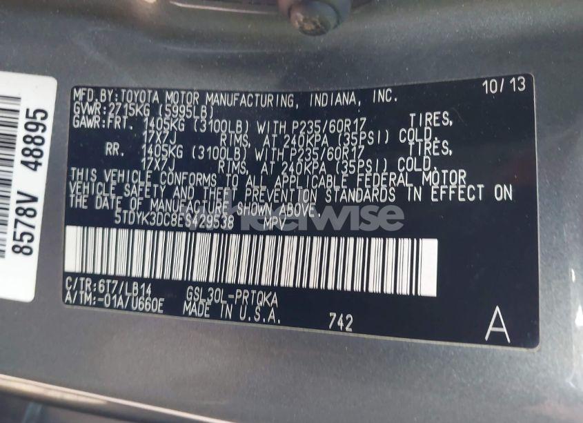 Photo 9 of 2014 Toyota Sienna XLE V6 8 PASSENGER (VIN 5TDYK3DC8ES429538)