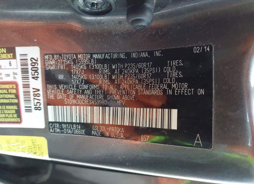 Photo 9 of 2014 Toyota Sienna XLE V6 8 PASSENGER (VIN 5TDYK3DC8ES459980)