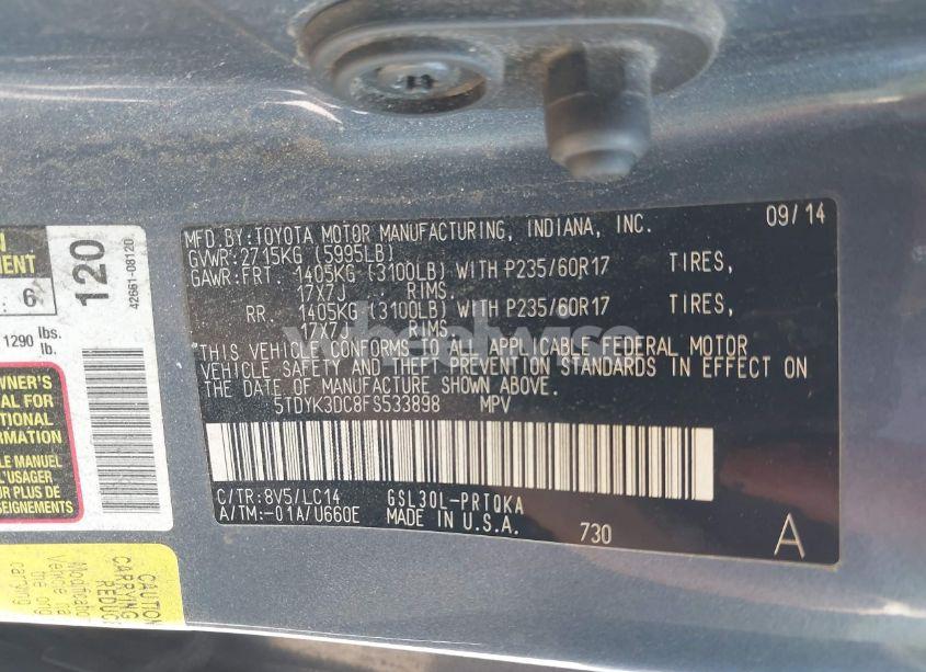 Photo 9 of 2015 Toyota Sienna XLE PREMIUM 8 PASSENGER (VIN 5TDYK3DC8FS533898)