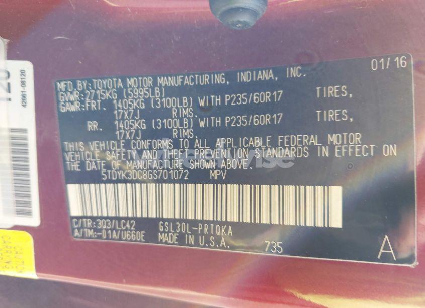 Photo 9 of 2016 Toyota Sienna XLE/LIMITED (VIN 5TDYK3DC8GS701072)