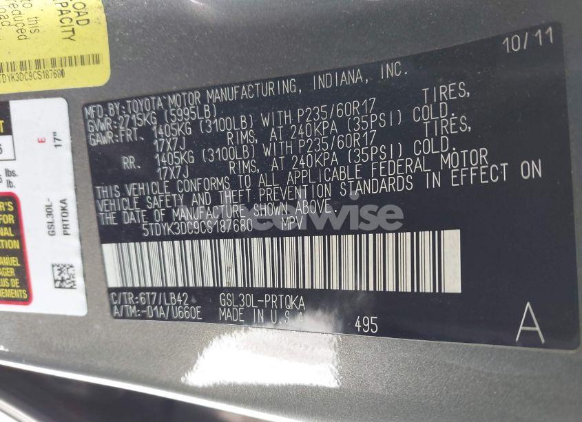 Photo 9 of 2012 Toyota Sienna XLE V6 8 PASSENGER (VIN 5TDYK3DC9CS187680)