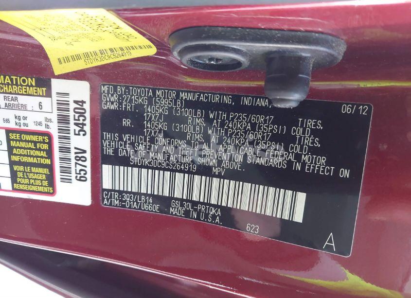 Photo 9 of 2012 Toyota Sienna XLE V6 8 PASSENGER (VIN 5TDYK3DC9CS264919)