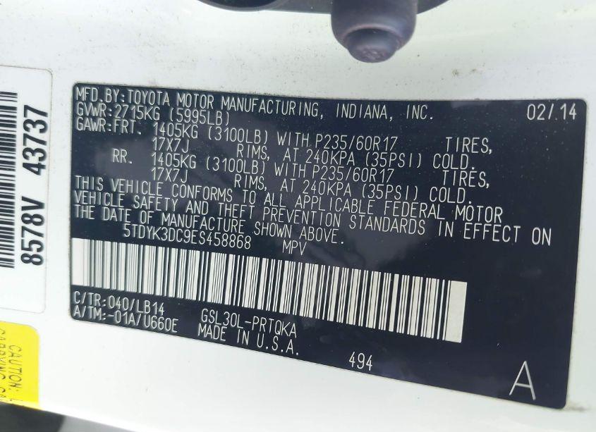 Photo 9 of 2014 Toyota Sienna XLE/LIMITED (VIN 5TDYK3DC9ES458868)