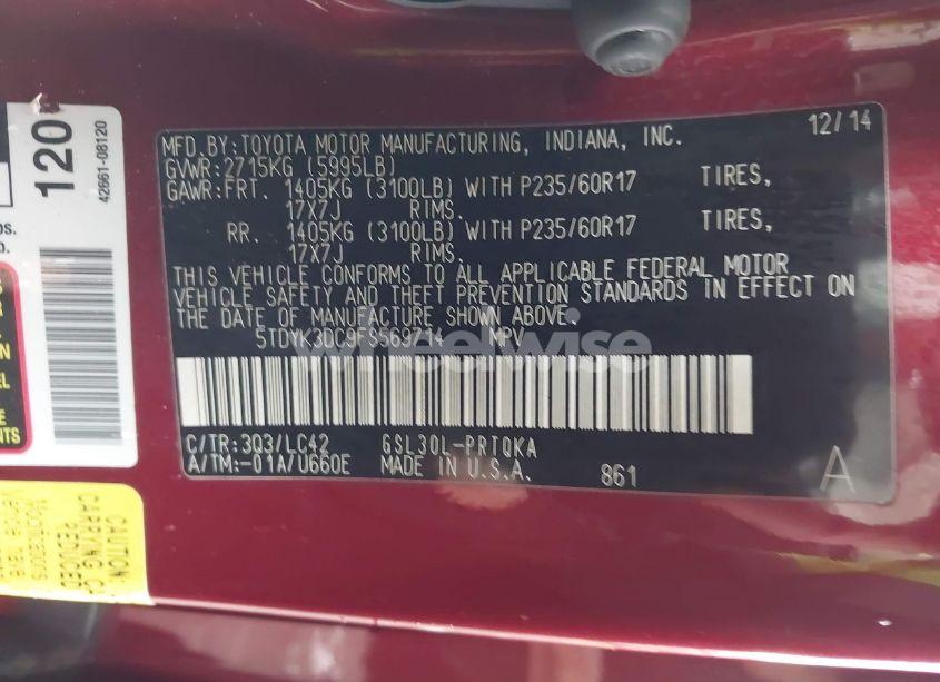 Photo 9 of 2015 Toyota Sienna XLE 8 PASSENGER (VIN 5TDYK3DC9FS569714)