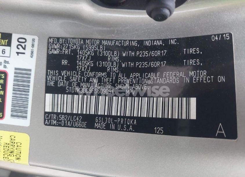 Photo 9 of 2015 Toyota Sienna XLE/LIMITED (VIN 5TDYK3DC9FS609094)