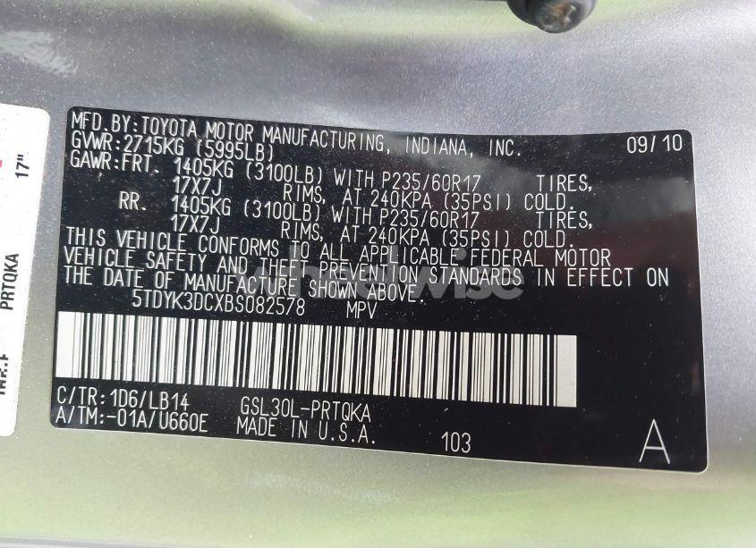 Photo 9 of 2011 Toyota Sienna XLE V6 (VIN 5TDYK3DCXBS082578)