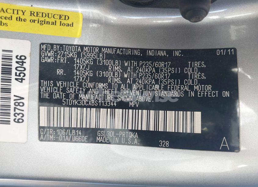 Photo 9 of 2011 Toyota Sienna XLE V6 (VIN 5TDYK3DCXBS113344)