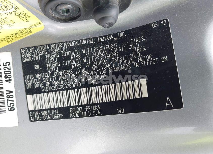 Photo 9 of 2012 Toyota Sienna XLE V6 8 PASSENGER (VIN 5TDYK3DCXCS260040)