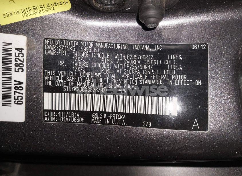 Photo 9 of 2012 Toyota Sienna XLE V6 8 PASSENGER (VIN 5TDYK3DCXCS267974)