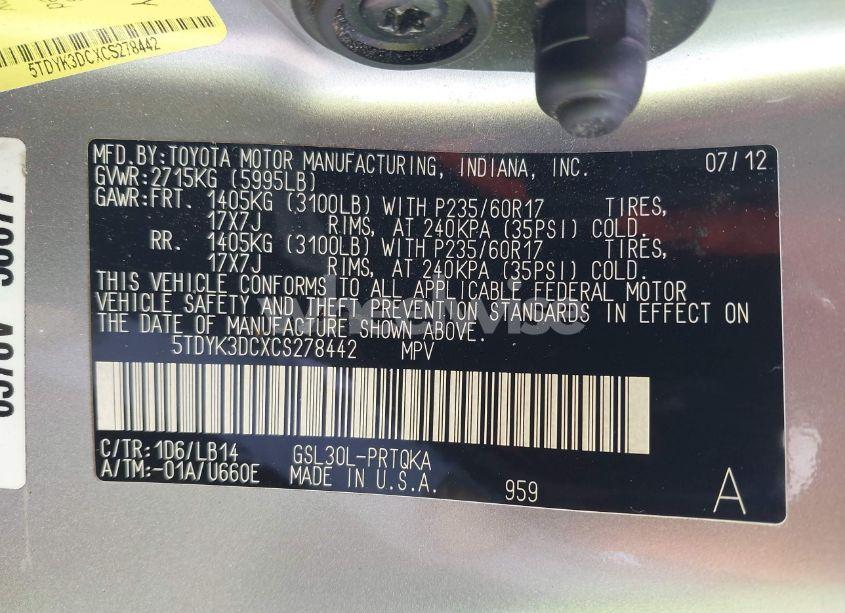 Photo 9 of 2012 Toyota Sienna XLE V6 8 PASSENGER (VIN 5TDYK3DCXCS278442)