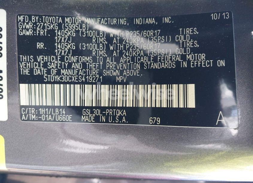 Photo 9 of 2014 Toyota Sienna XLE V6 8 PASSENGER (VIN 5TDYK3DCXES419271)