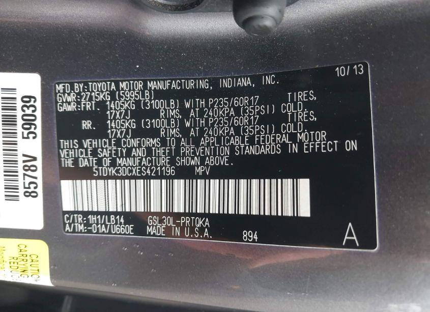 Photo 9 of 2014 Toyota Sienna XLE V6 8 PASSENGER (VIN 5TDYK3DCXES421196)