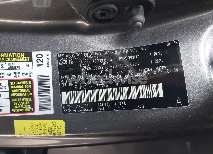 Photo 9 of 2016 Toyota Sienna XLE PREMIUM 8 PASSENGER (VIN 5TDYK3DCXGS737846)