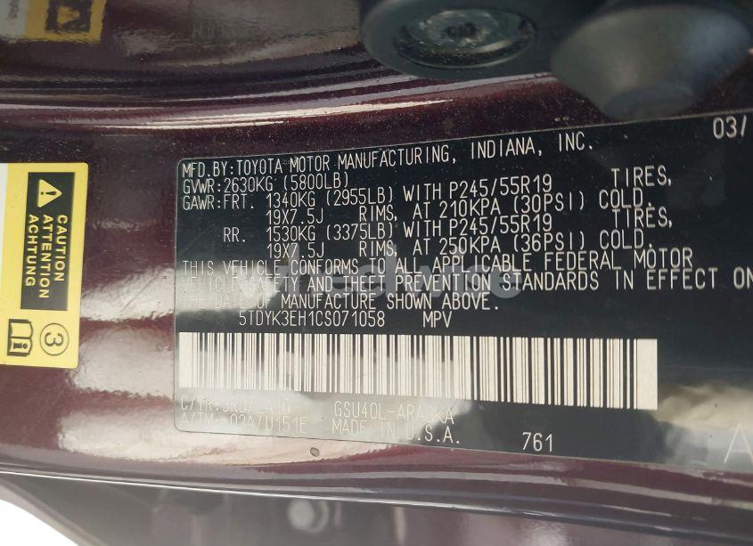 Photo 9 of 2012 Toyota Highlander LIMITED V6 (VIN 5TDYK3EH1CS071058)