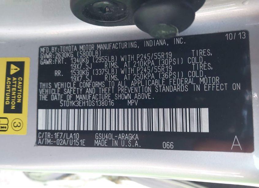 Photo 9 of 2013 Toyota Highlander LIMITED V6 (VIN 5TDYK3EH1DS138016)