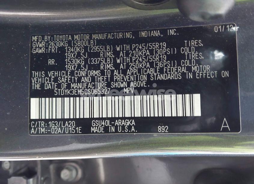 Photo 9 of 2012 Toyota Highlander LIMITED V6 (VIN 5TDYK3EH5CS065327)