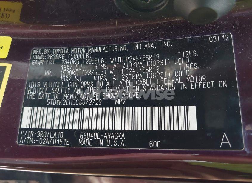 Photo 9 of 2012 Toyota Highlander LIMITED V6 (VIN 5TDYK3EH5CS072729)