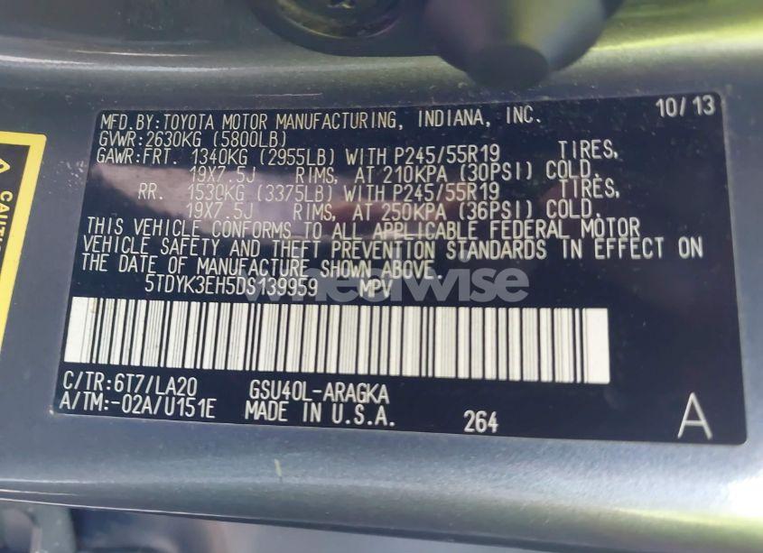 Photo 9 of 2013 Toyota Highlander LIMITED V6 (VIN 5TDYK3EH5DS139959)