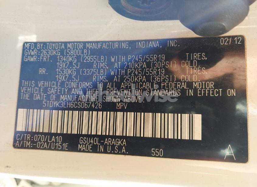 Photo 9 of 2012 Toyota Highlander LIMITED V6 (VIN 5TDYK3EH6CS067426)