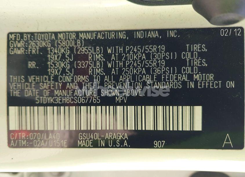 Photo 9 of 2012 Toyota Highlander LIMITED V6 (VIN 5TDYK3EH6CS067765)