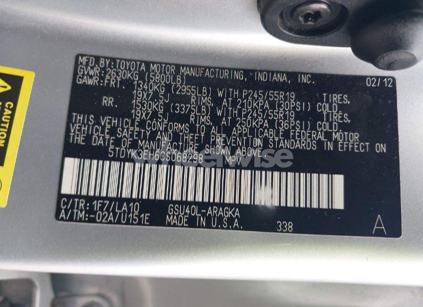 Photo 9 of 2012 Toyota Highlander LIMITED V6 (VIN 5TDYK3EH6CS068298)