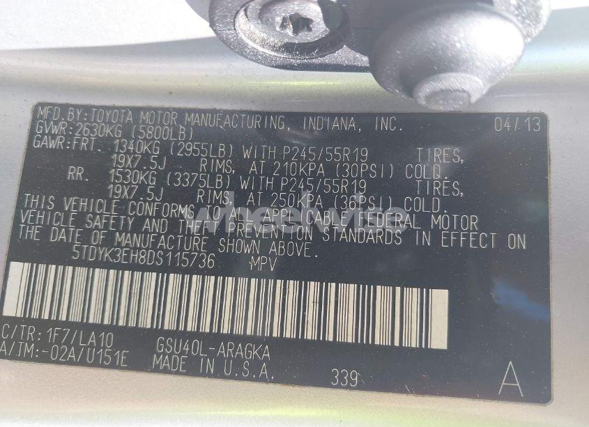 Photo 9 of 2013 Toyota Highlander LIMITED V6 (VIN 5TDYK3EH8DS115736)