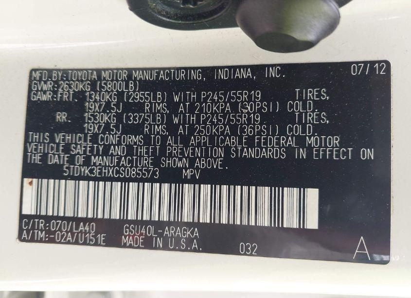 Photo 9 of 2012 Toyota Highlander LIMITED V6 (VIN 5TDYK3EHXCS085573)