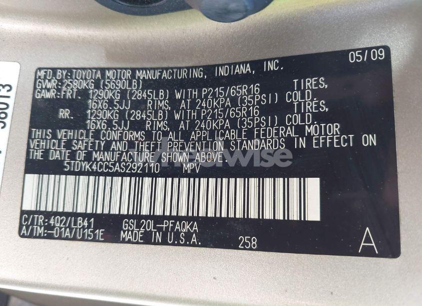 Photo 9 of 2010 Toyota Sienna XLE (VIN 5TDYK4CC5AS292110)