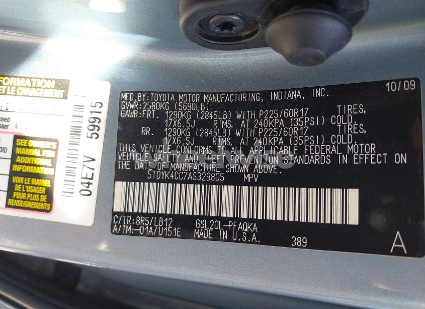 Photo 9 of 2010 Toyota Sienna XLE (VIN 5TDYK4CC7AS329805)
