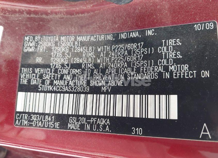 Photo 9 of 2010 Toyota Sienna XLE (VIN 5TDYK4CC9AS328039)