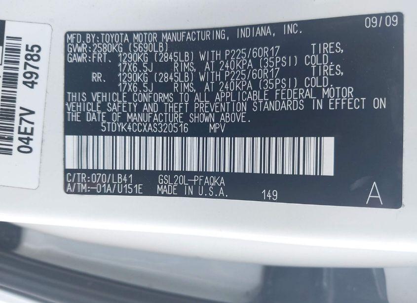 Photo 9 of 2010 Toyota Sienna XLE (VIN 5TDYK4CCXAS320516)
