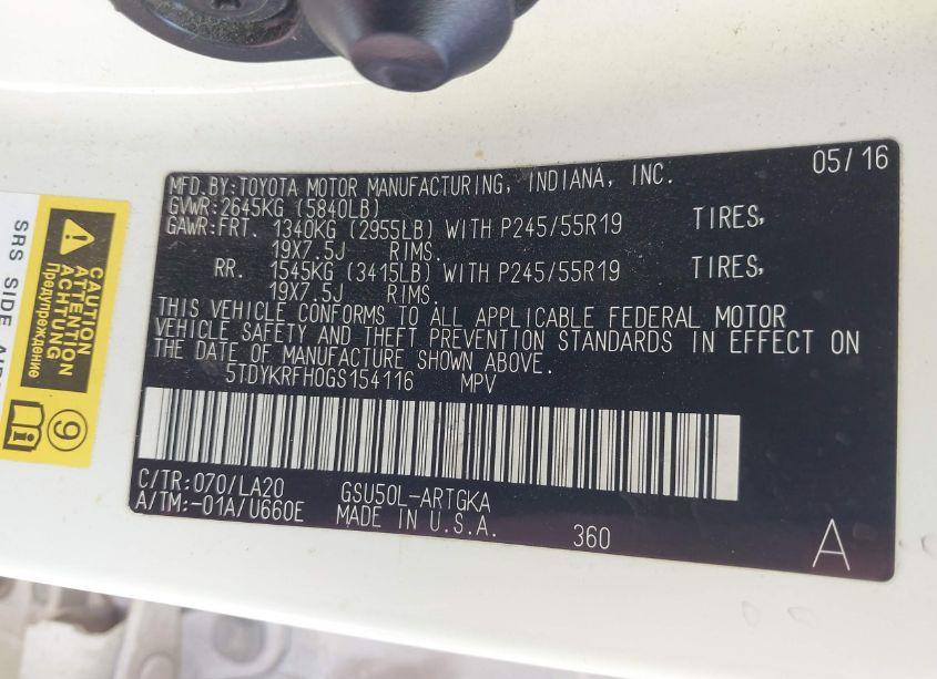 Photo 9 of 2016 Toyota Highlander LIMITED V6 (VIN 5TDYKRFH0GS154116)