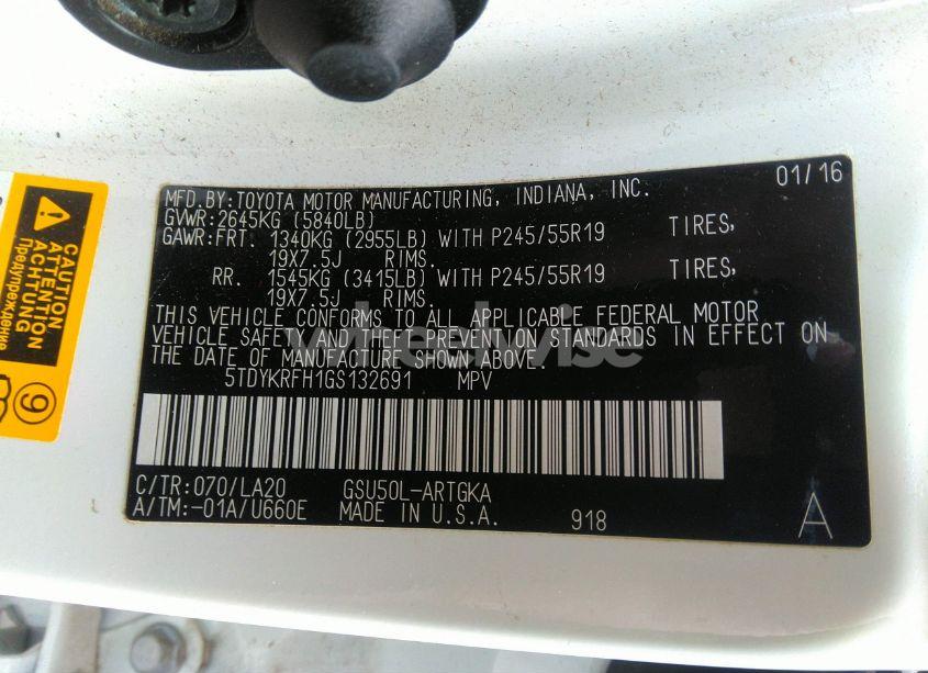 Photo 9 of 2016 Toyota Highlander LIMITED V6 (VIN 5TDYKRFH1GS132691)