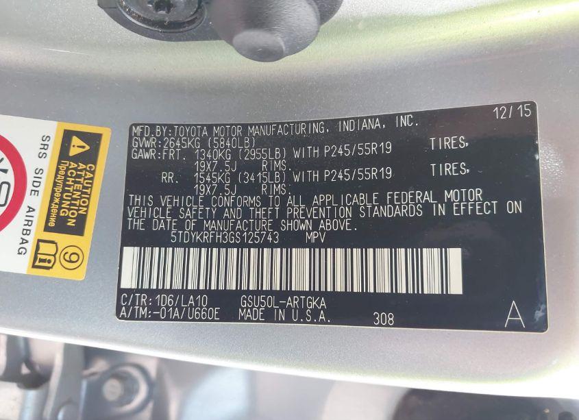 Photo 9 of 2016 Toyota Highlander LIMITED V6 (VIN 5TDYKRFH3GS125743)