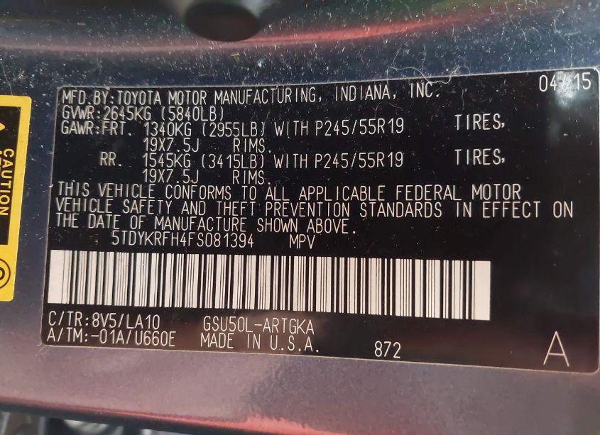 Photo 9 of 2015 Toyota Highlander LIMITED PLATINUM V6 (VIN 5TDYKRFH4FS081394)