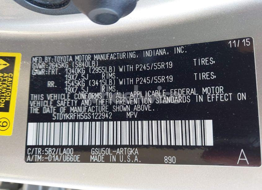 Photo 9 of 2016 Toyota Highlander LIMITED V6 (VIN 5TDYKRFH5GS122942)