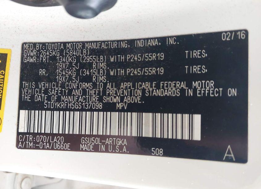 Photo 9 of 2016 Toyota Highlander LIMITED V6 (VIN 5TDYKRFH5GS137098)