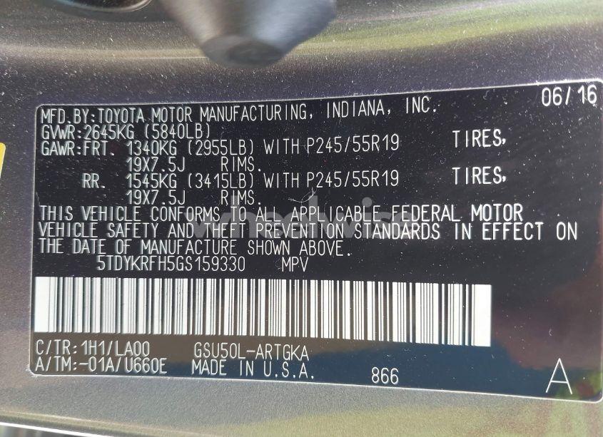 Photo 9 of 2016 Toyota Highlander LIMITED V6 (VIN 5TDYKRFH5GS159330)