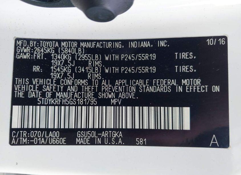 Photo 9 of 2016 Toyota Highlander LIMITED V6 (VIN 5TDYKRFH5GS181795)