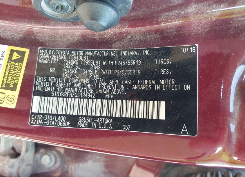 Photo 9 of 2016 Toyota Highlander LIMITED V6 (VIN 5TDYKRFH7GS184942)