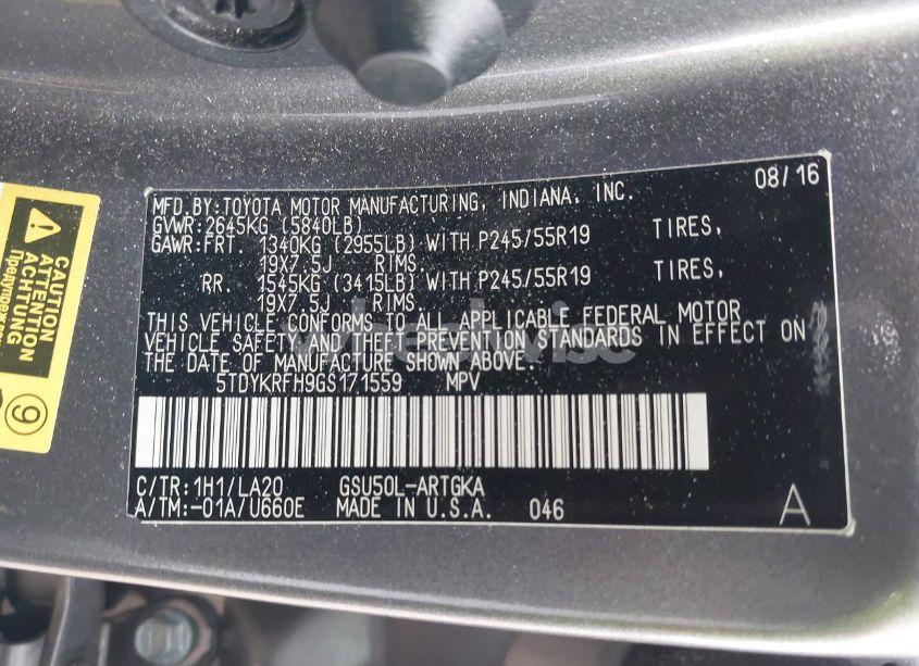 Photo 9 of 2016 Toyota Highlander LIMITED PLATINUM V6 (VIN 5TDYKRFH9GS171559)